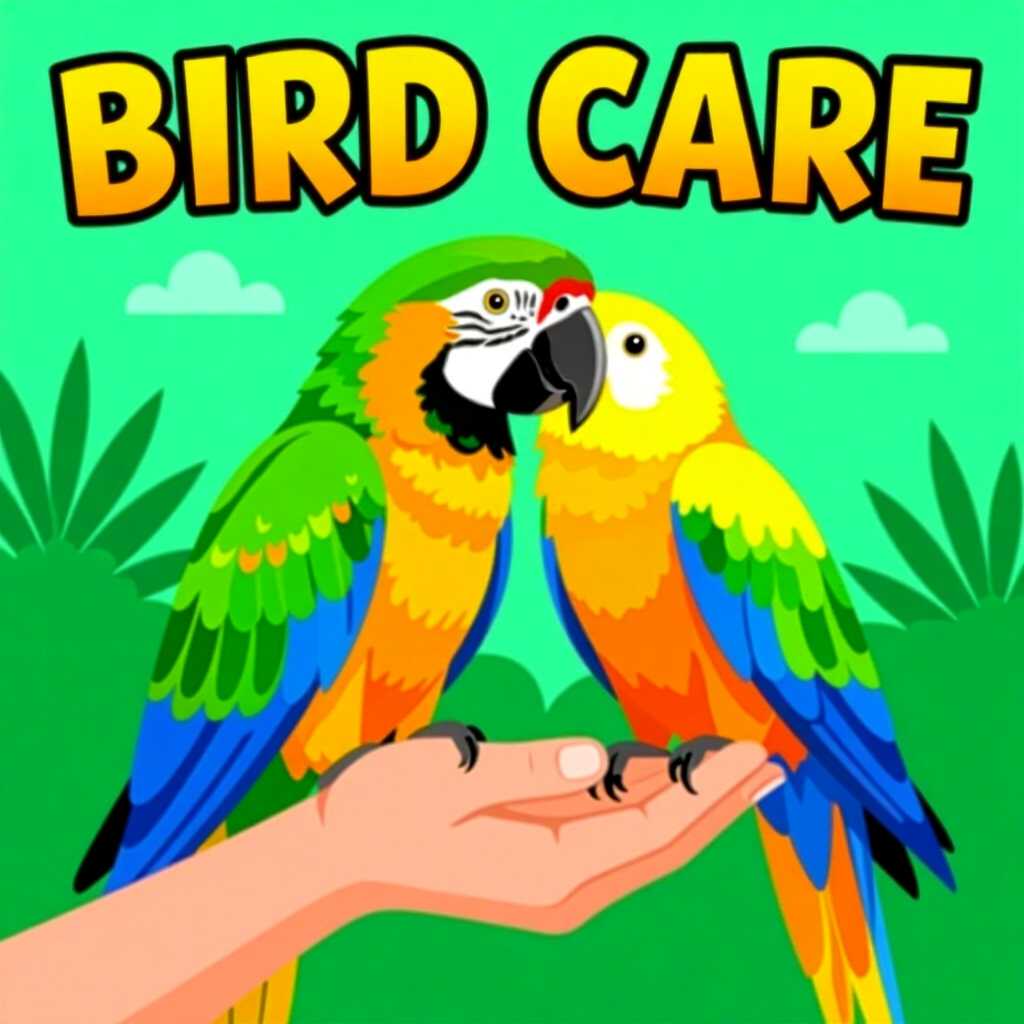 AI generated parrot: picture about bird care. picture style: comic goes into good parrot practical guide handraising, hig