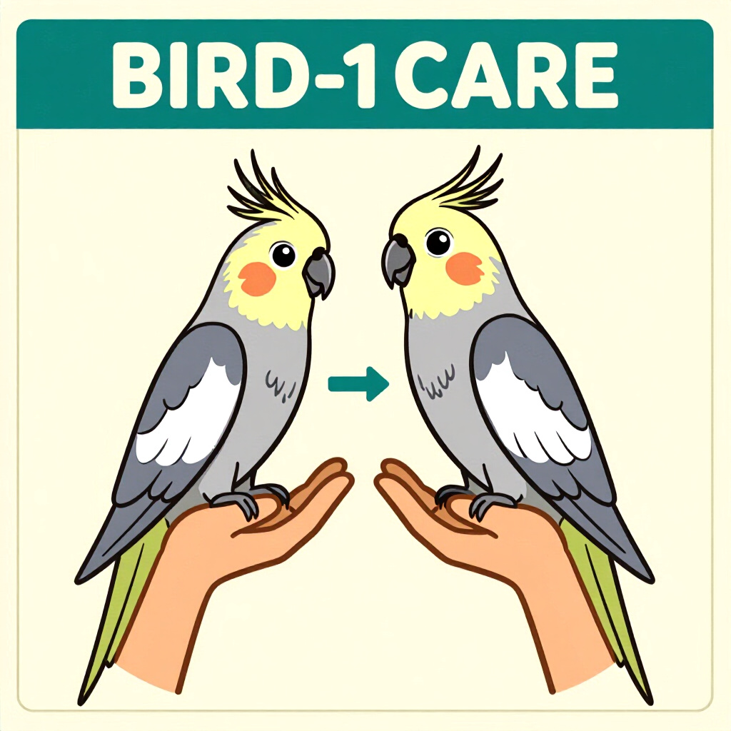 AI generated cockatiel: picture about bird care. picture style: comic introduction cockatiel week1 handtaming blueprint, hig