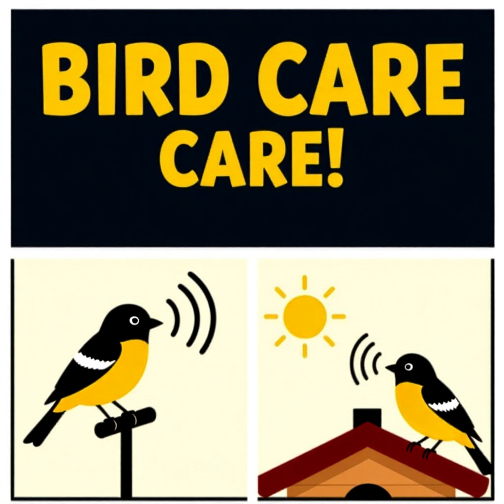 AI generated birds: picture about bird care. picture style: comic introduction birds noise management small, high qualit