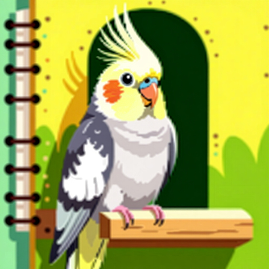 AI生成オカメインコ:鳥の世話に関する画像。画像スタイル:コミック調のオカメインコ紹介、日誌による進捗管理の可能性