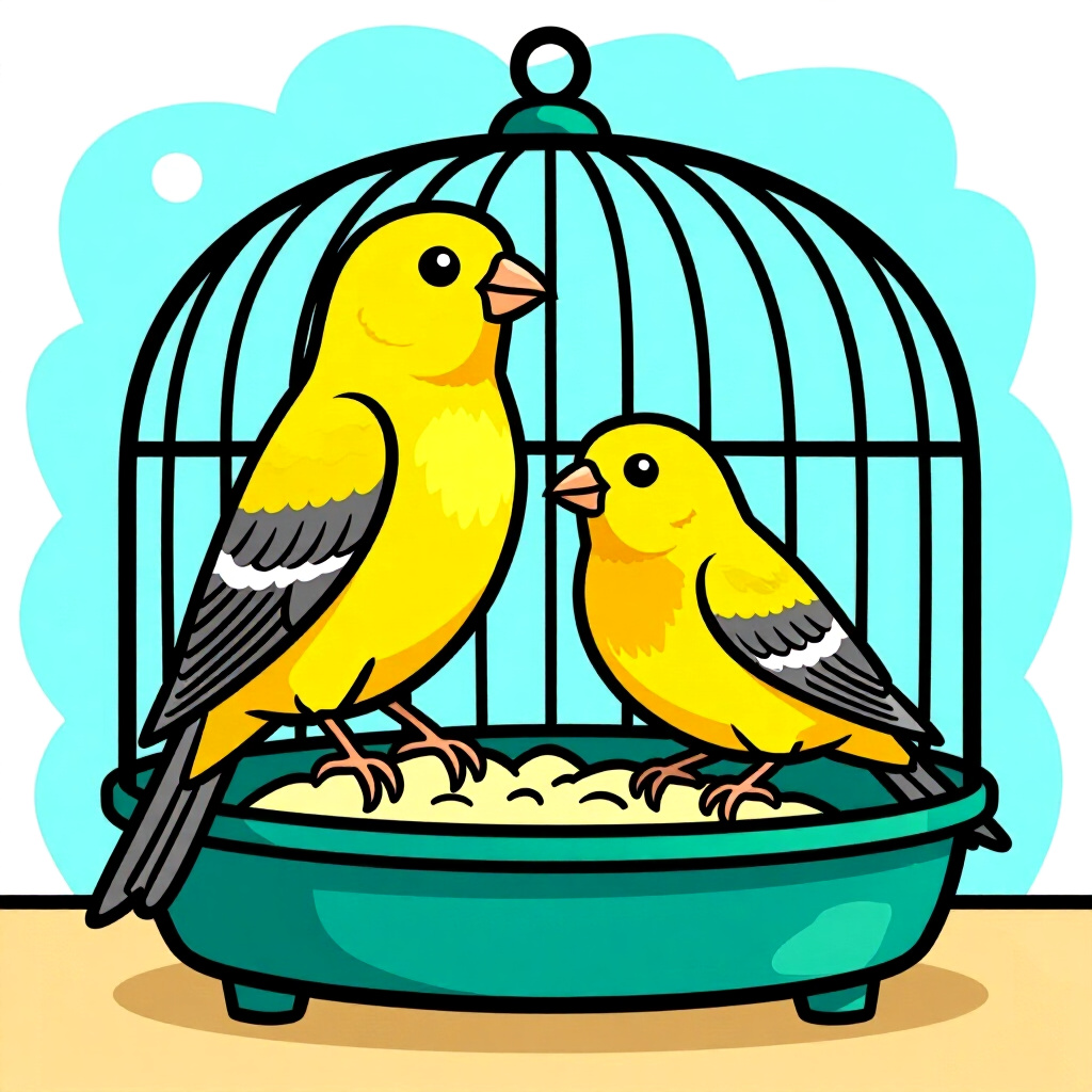 AI generated canary: picture about bird care. picture style: comic introduction canary building ideal cage, high quality,