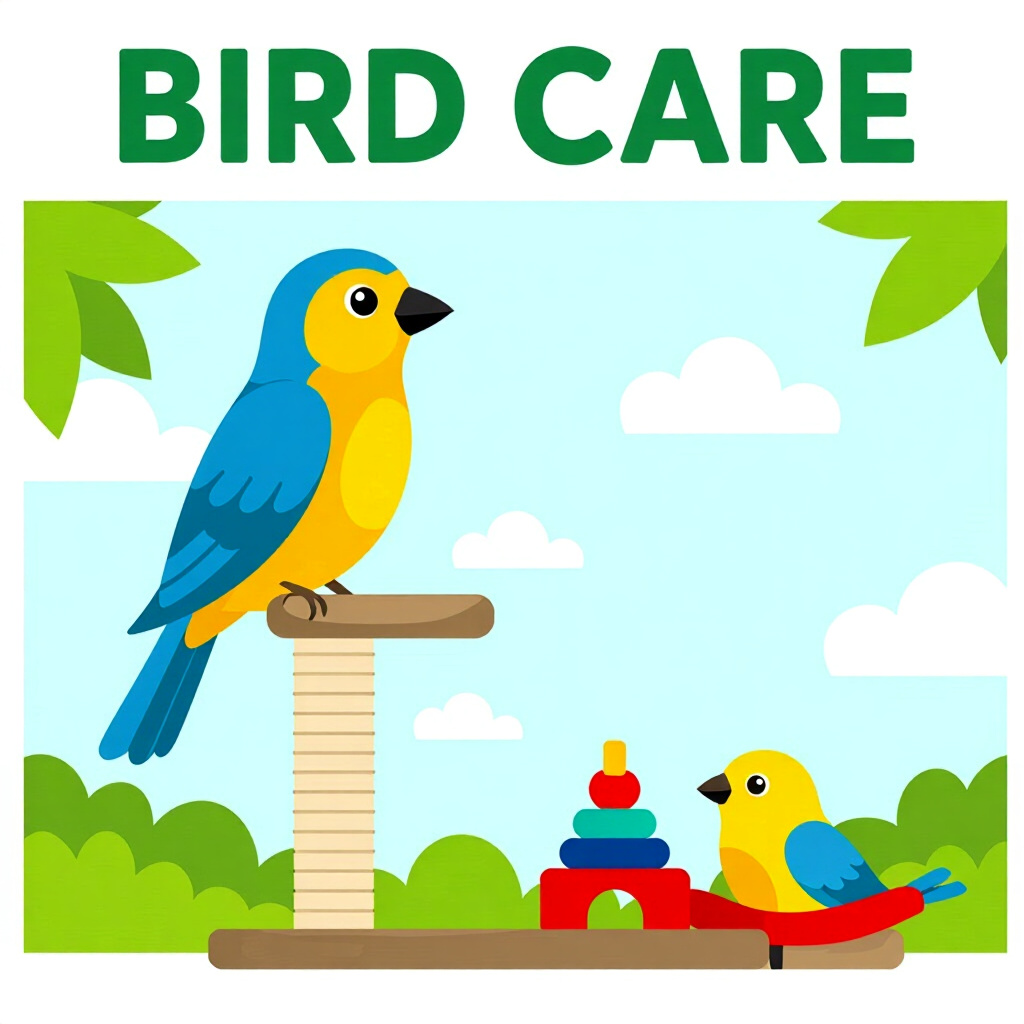 AI generated bird: picture about bird care. picture style: comic introduction bird sanitizing perches toys, high qualit
