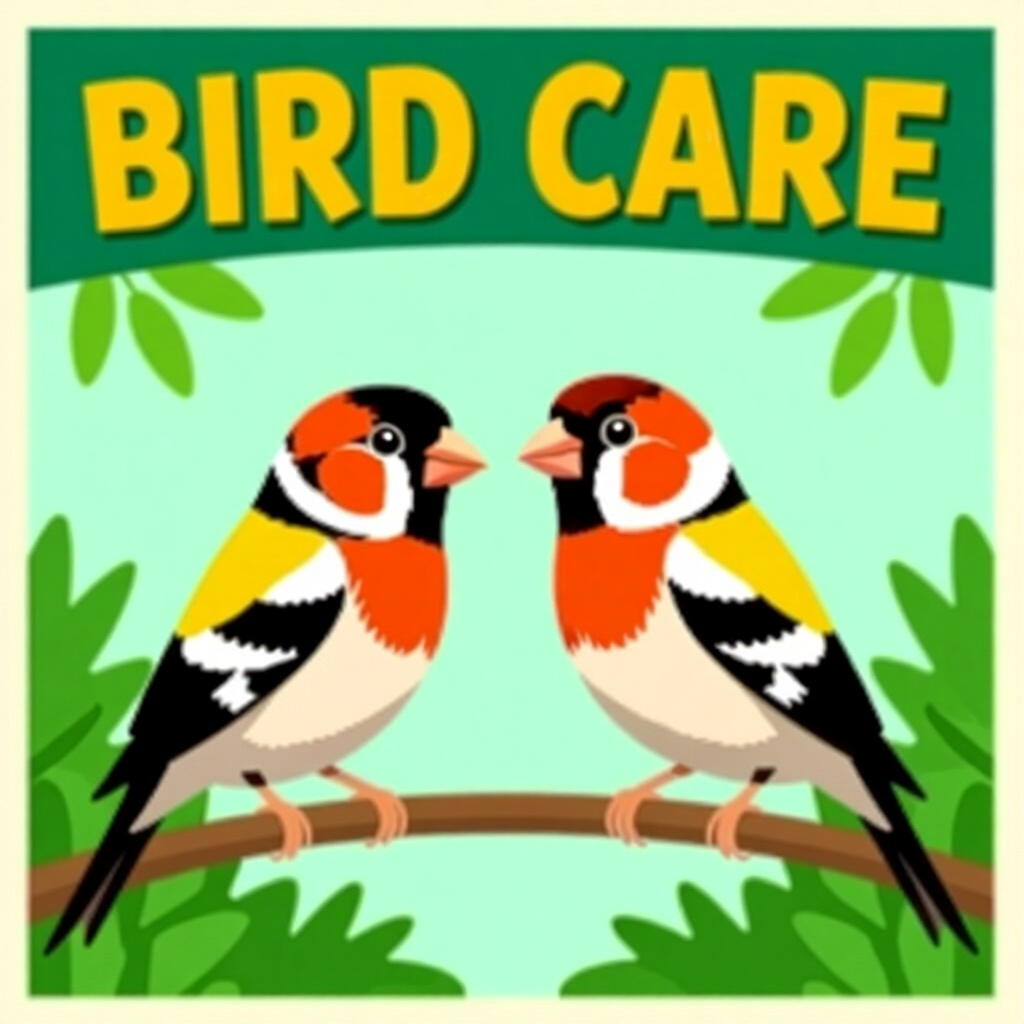 AI generated finch: picture about bird care. picture style: comic introduction cohabiting two finches, high quality, det