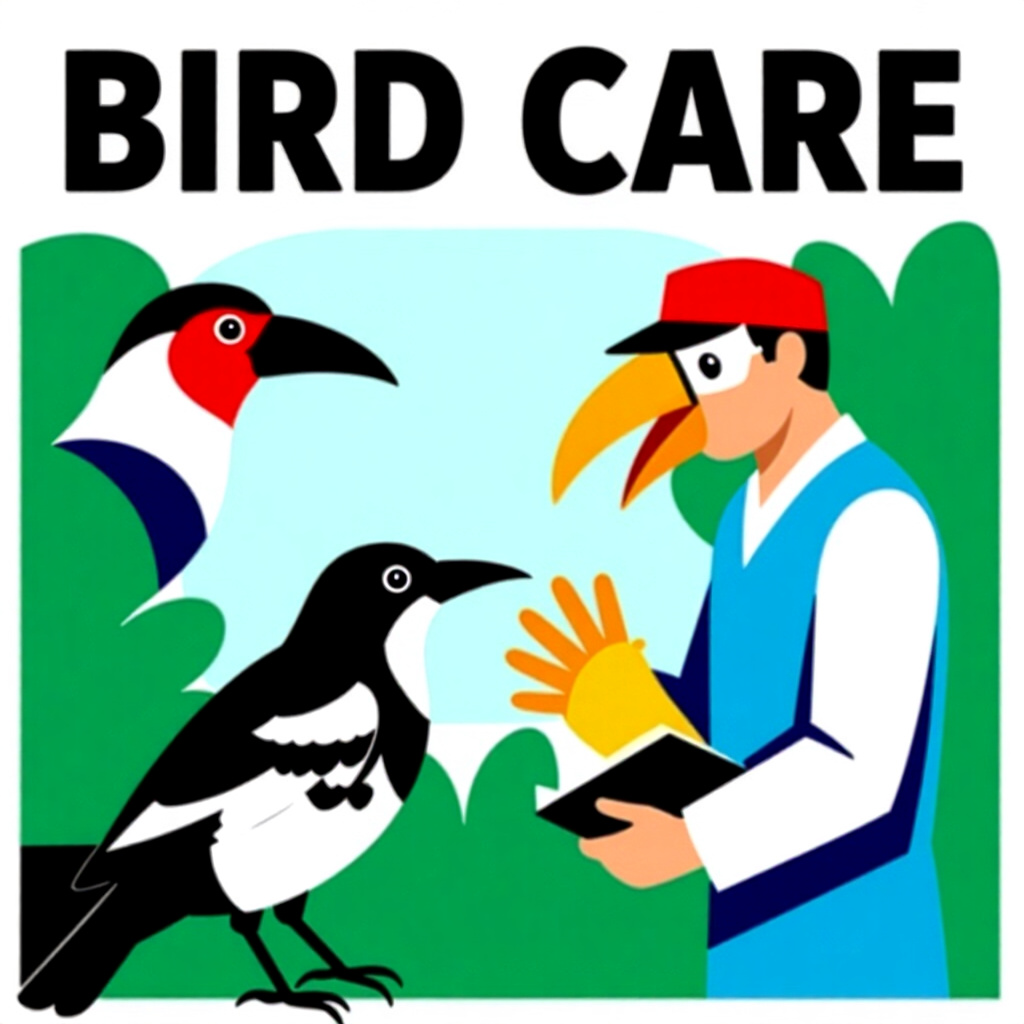 AI生成画像：鳥のケアに関する絵。絵のスタイル：漫画風臨床鳥類医学換羽管理学会、高解像度