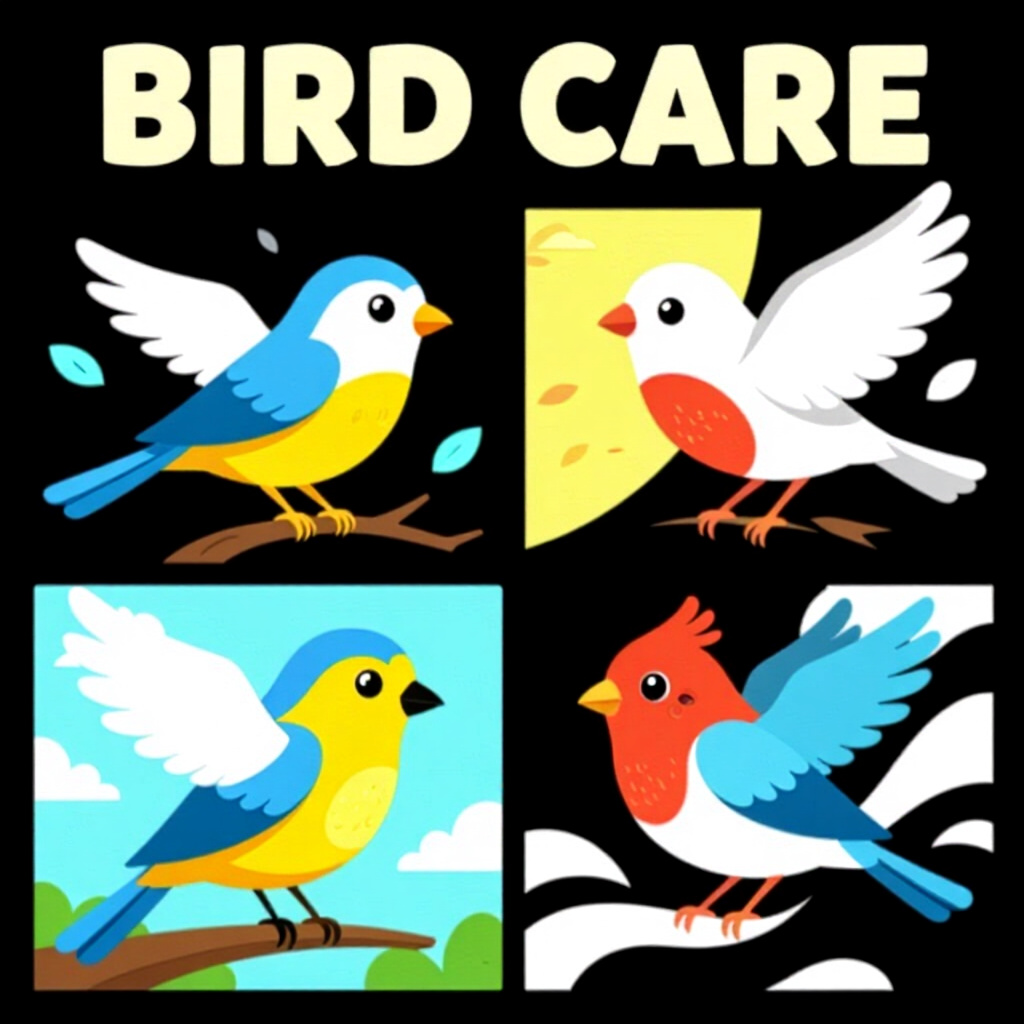 AI generated birds: picture about bird care. picture style: comic introduction birds comparing static flowing, high qual