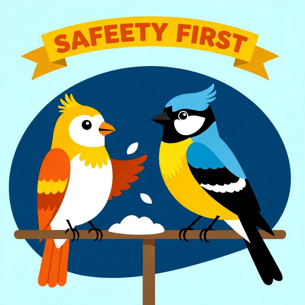 AI generated bird: picture about bird care. picture style: comic bird safety first assessing s m, high quality, detaile