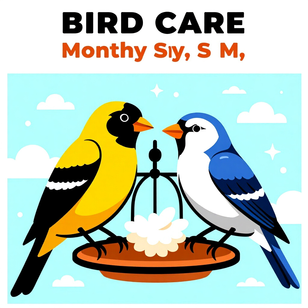 AI generated birds: picture about bird care. picture style: comic start monthly birdswap s m, high quality, detailed