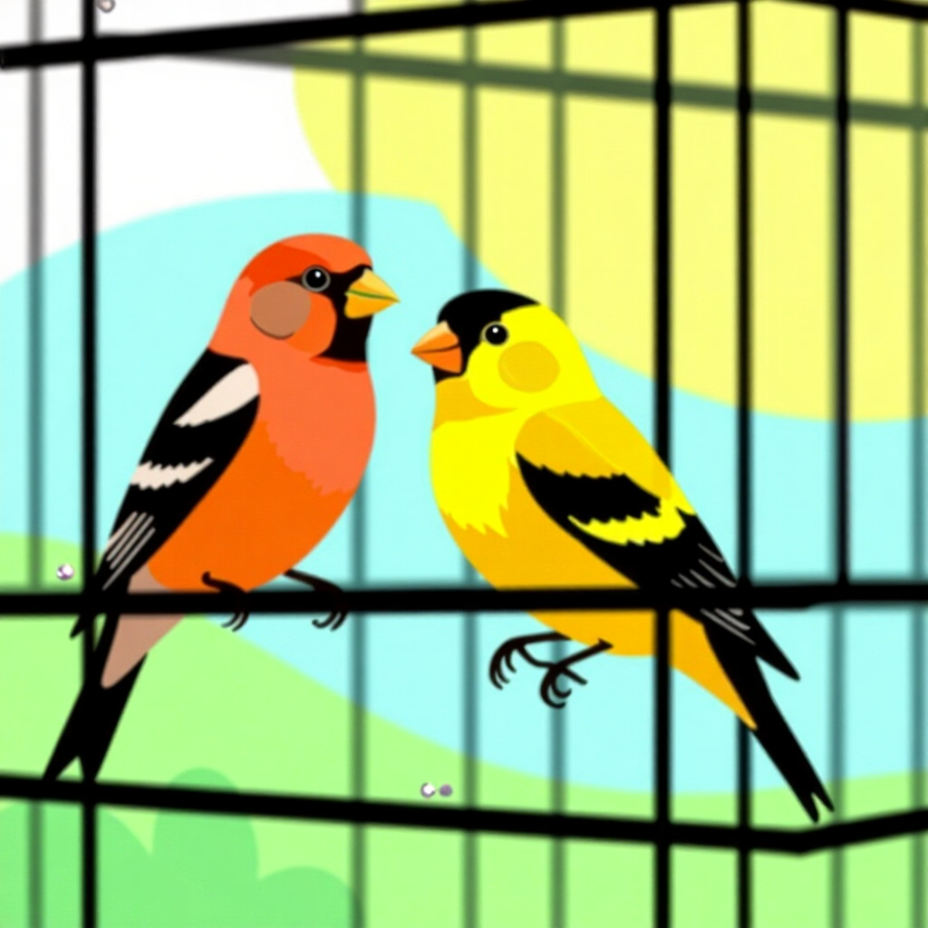 AI generated finch: picture about bird care. picture style: comic introduction finch cage bar spacing, high quality, det