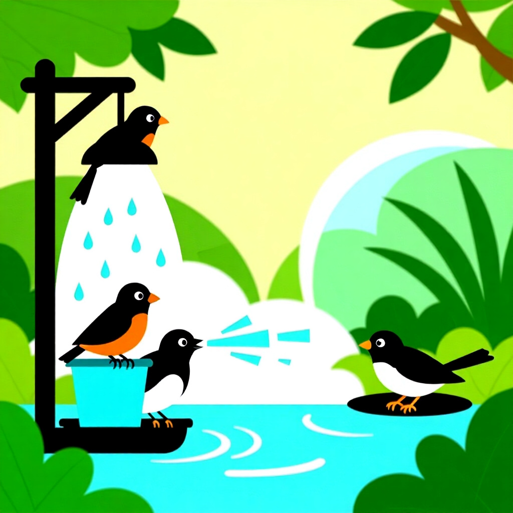 AI generated image: picture about bird care. picture style: comic cleaning biosecurity keeping creating waterfall mistin