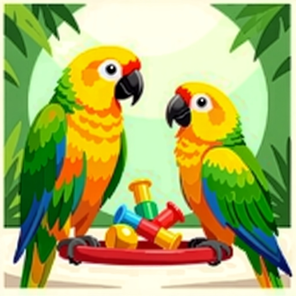 AI generated parrots: picture about bird care. picture style: comic parrots choosing enrichment toys s m, high quality, de