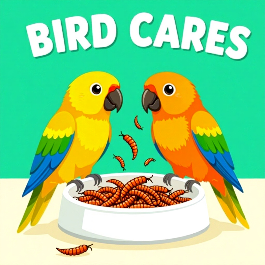 AI generated bird: picture about bird care. picture style: comic bird pet buzz about mealworms parrots introducing meal