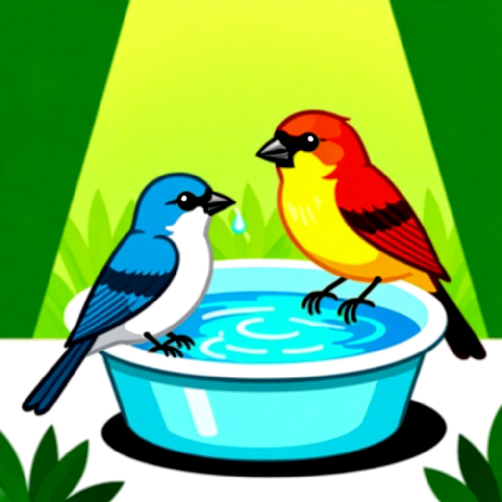 AI generated image: picture about bird care. picture style: comic this matters integrating water bath, high quality, det