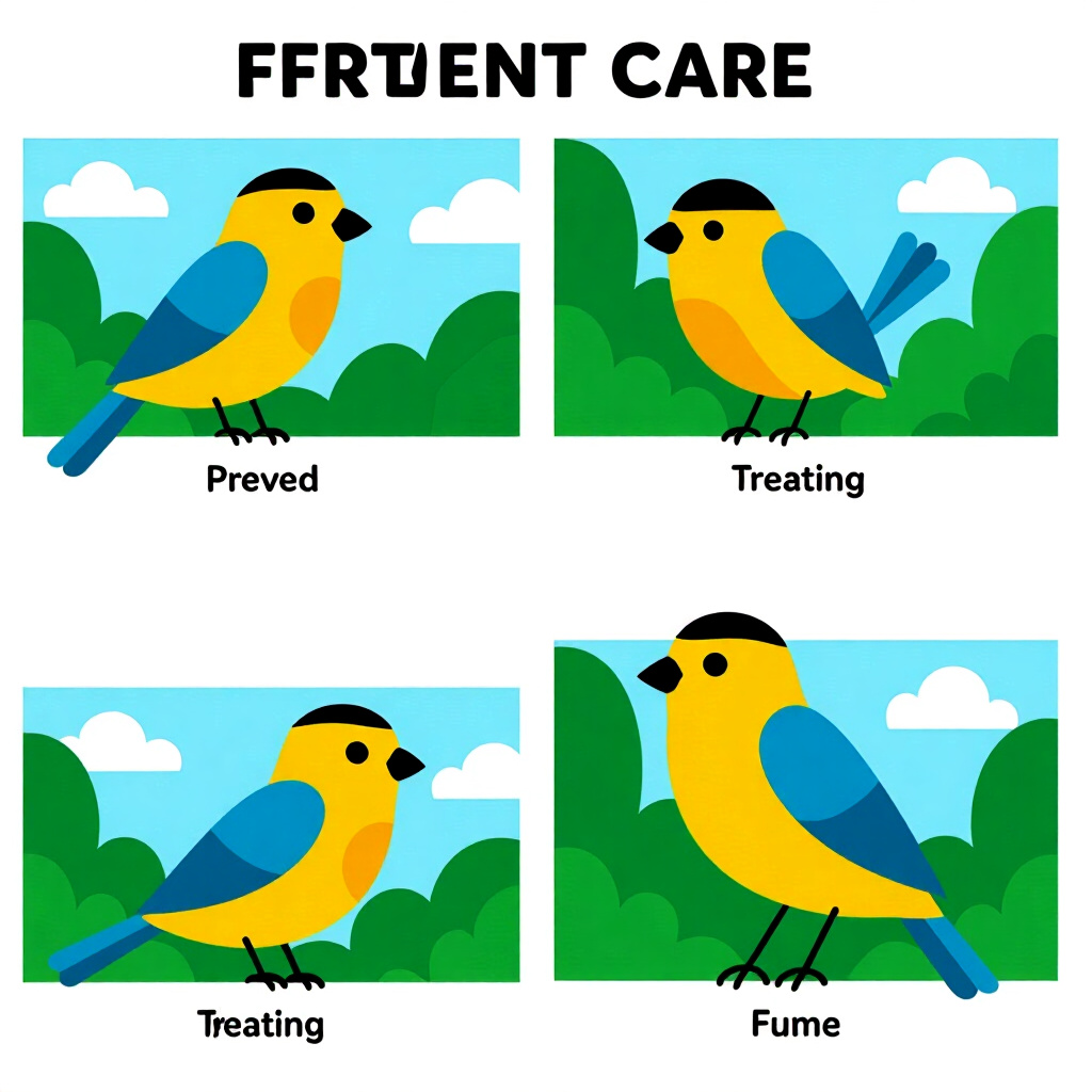 AI generated image: picture about bird care. picture style: comic introduction preventing treating common, high quality,