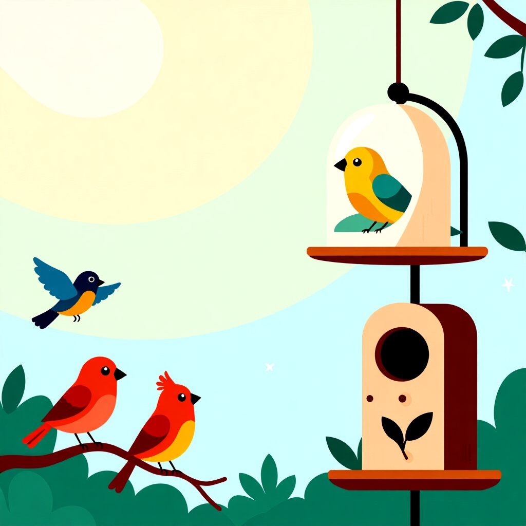 AI generated画像: 鳥の飼育に関する画像。画像スタイル: コミック導入空間問題デザイン、高品質、詳細