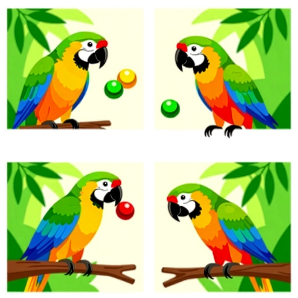 AI generated parrots: picture about bird care. picture style: comic natural foraging behaviors parrots choosing enrichment