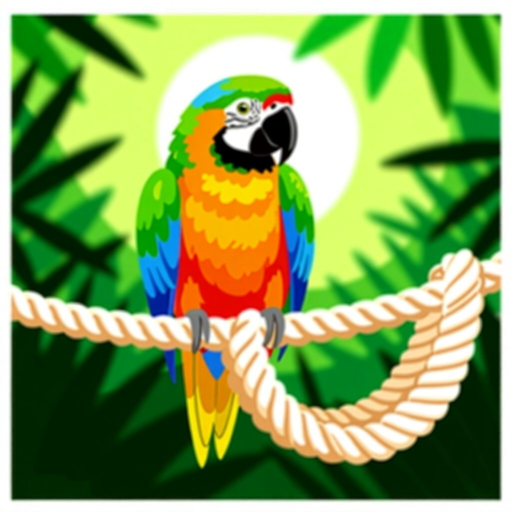 AI生成インコ:鳥のケアに関する画像。画像スタイル:コミック風イントロダクション、インコのDIYロープ止まり木、高品質、詳細