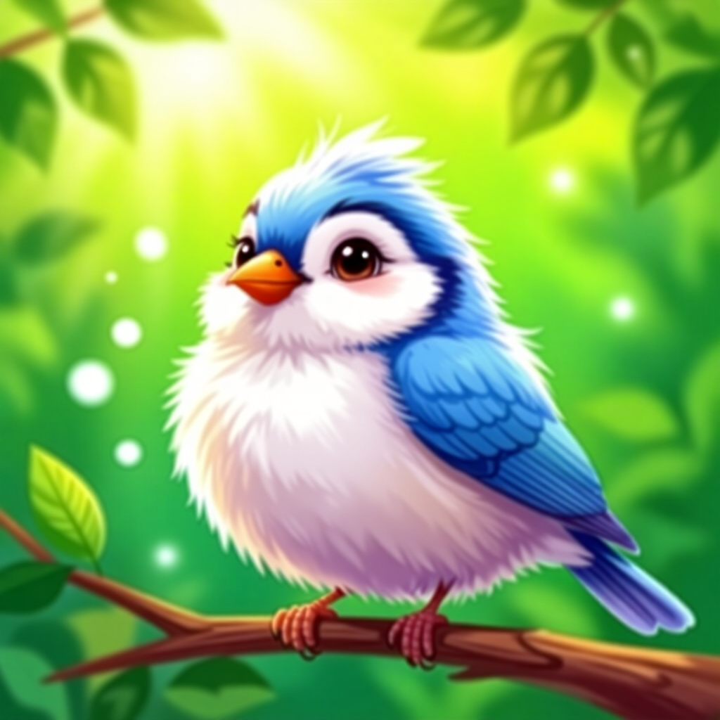AI generated画像：鳥のケアに関する画像。画像スタイル：コミック風 膨らんだ羽毛 ダウン S M、高品質、詳細