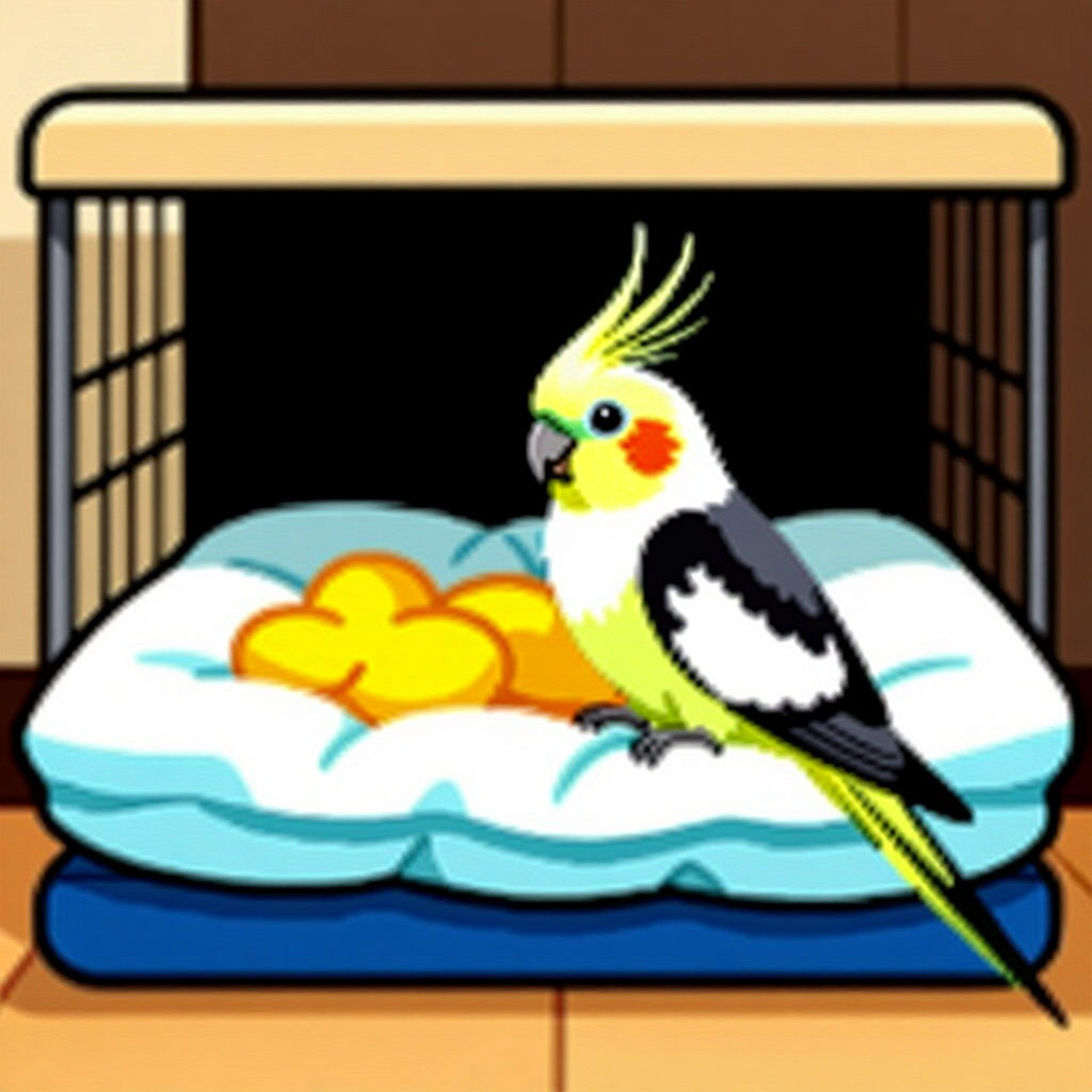 AI generated cockatiel: picture about bird care. picture style: comic layer bedding cockatiel set temporary boarding, high q