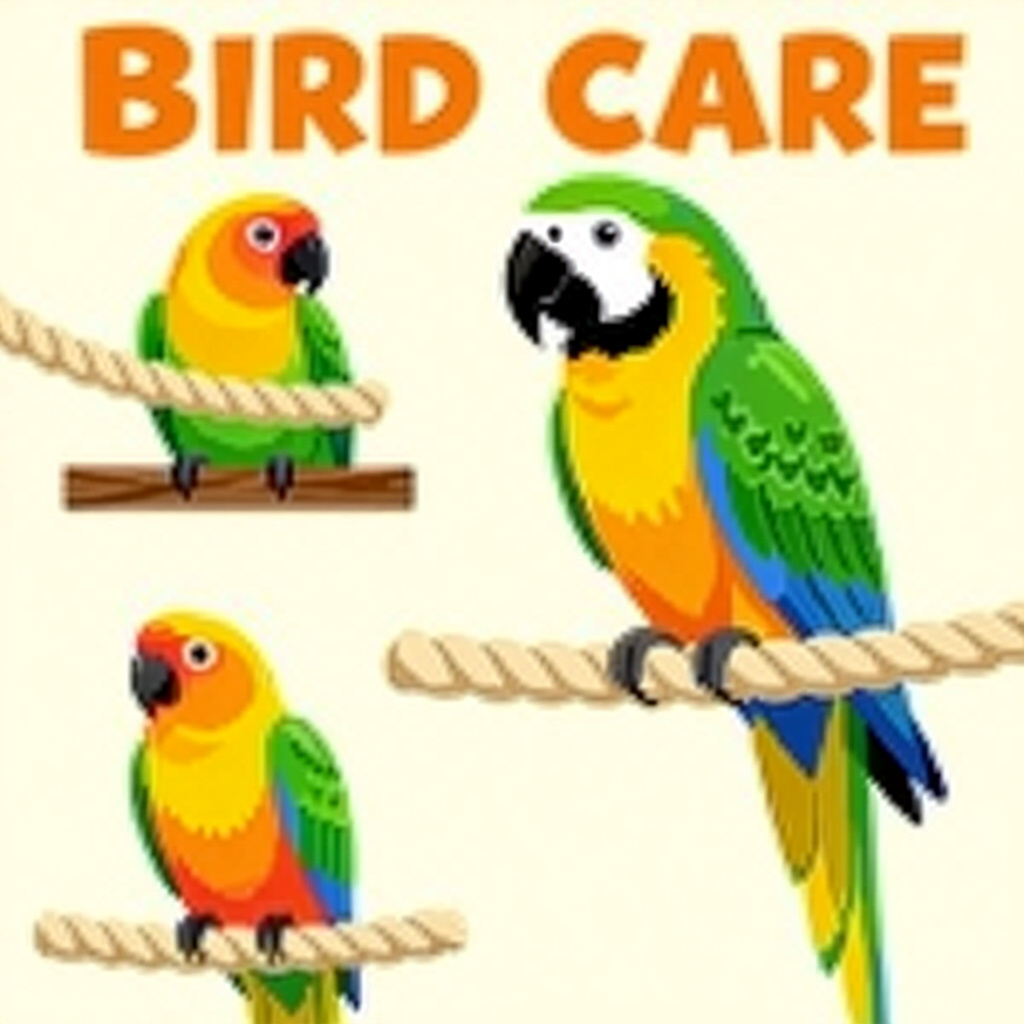 AI generated parrots: picture about bird care. picture style: comic material selection parrots diy rope perch, high qualit