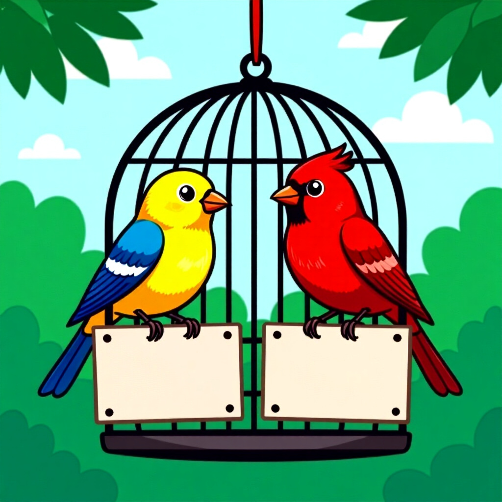 AI generated birds: picture about bird care. picture style: comic introduction birds replace cage signs, high quality, d