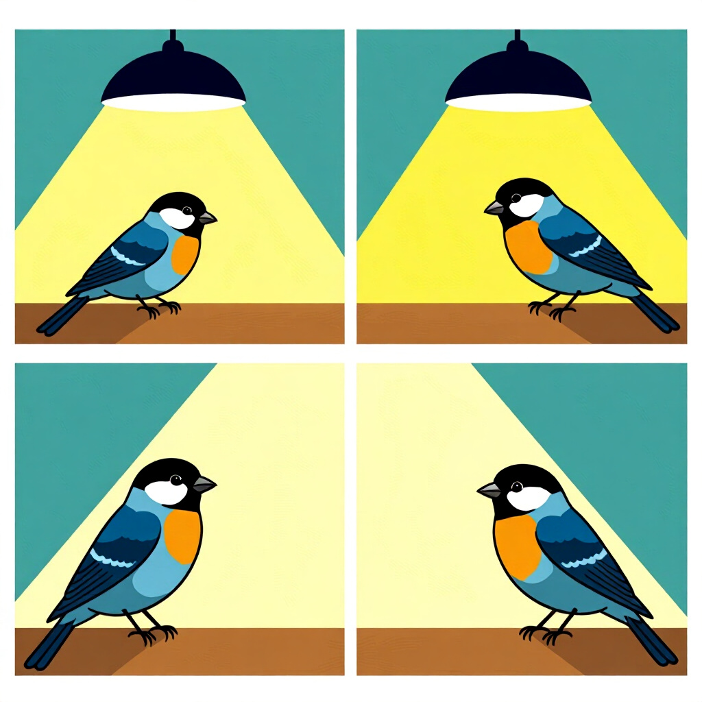 AI生成された鳥:鳥の世話に関する画像。画像スタイル:コミック 光周 regimes 生存 鳥 季節的照明 a