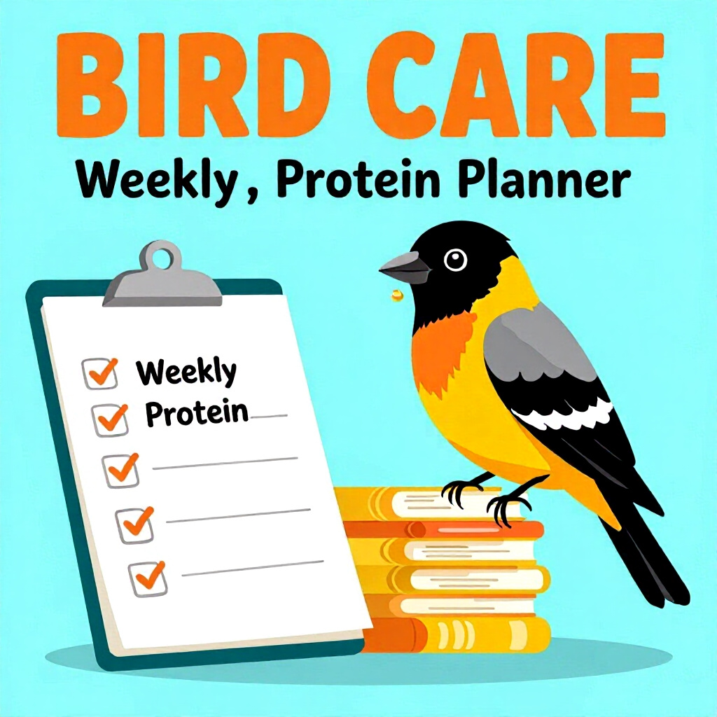 AI generated bird: picture about bird care. picture style: comic introduction bird pets weekly protein planner, high qu
