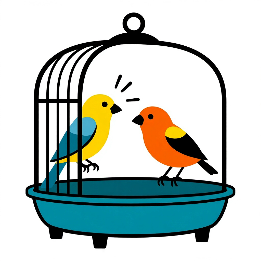 AI generated image: picture about bird care. picture style: comic choose right cage managing noise levels, high quality,