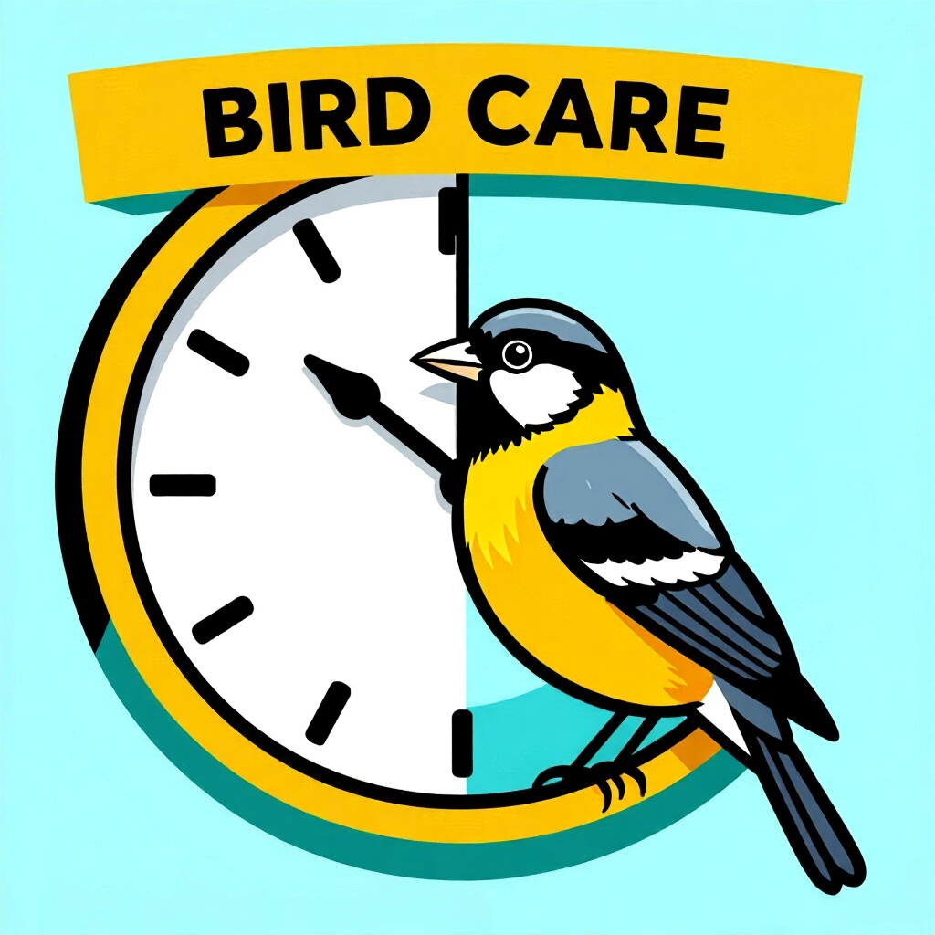 AI generated image: picture about bird care. picture style: comic science behind clock seasonal care calendar, high qual