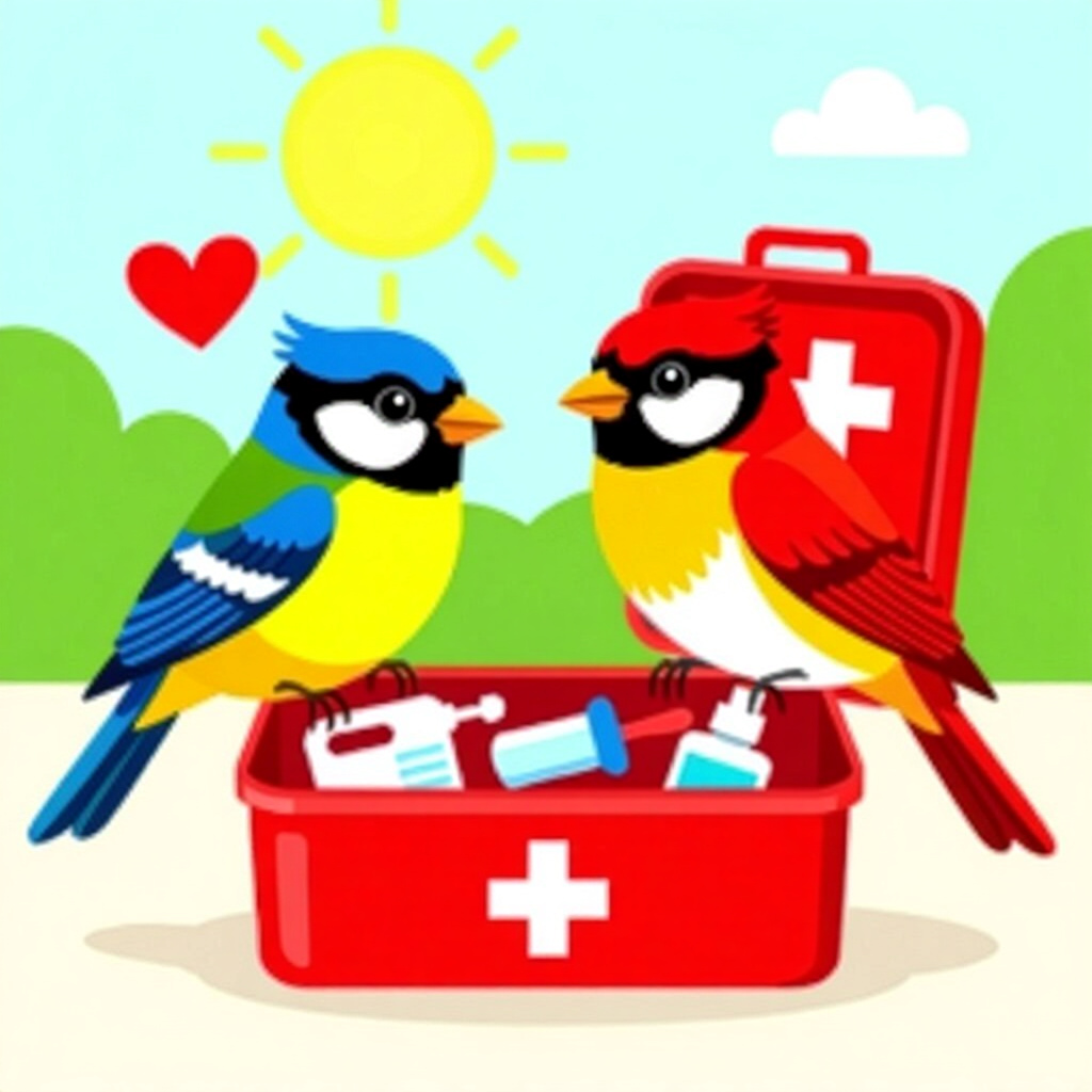 AI generated birds: picture about bird care. picture style: comic birds firstaid kit matters bird diy firstaid kit, high
