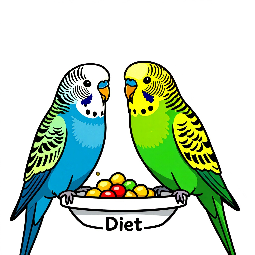 AI generated画像:鳥のケアに関する絵。絵のスタイル:コミック移行セキセイインコの食事、高品質、詳細