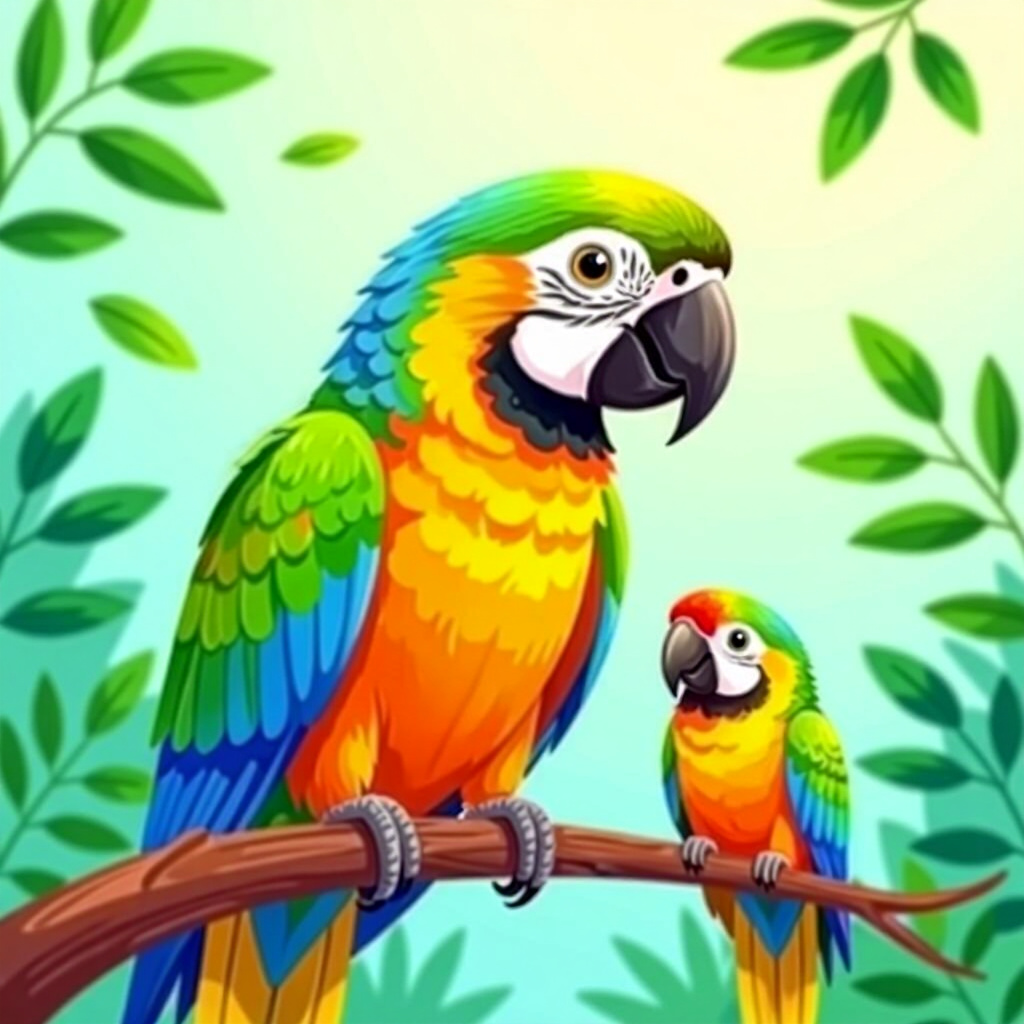 AI generated parrots: picture about bird care. picture style: comic introduction parrots stepbystep treatment plan, high q