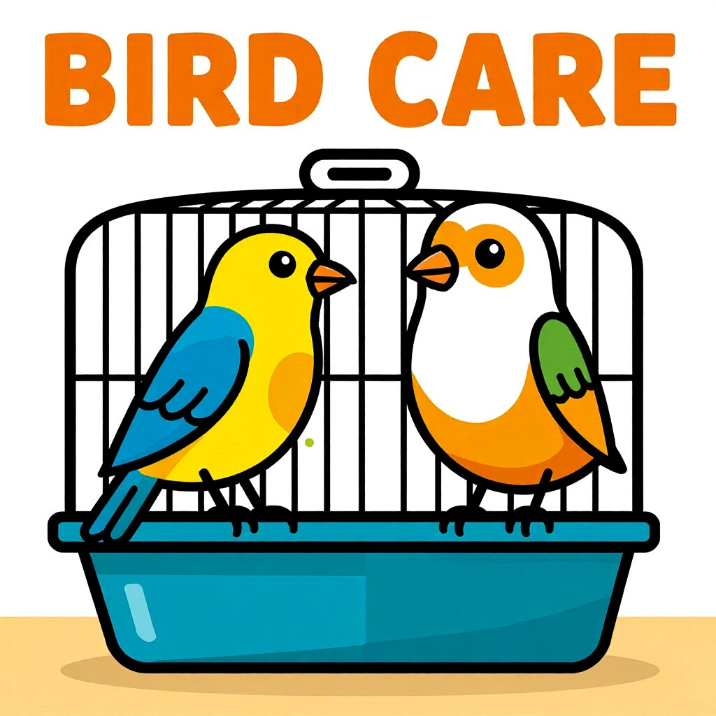 AI generated image: picture about bird care. picture style: comic begin petstore cage pet stepbystep guide converting, h