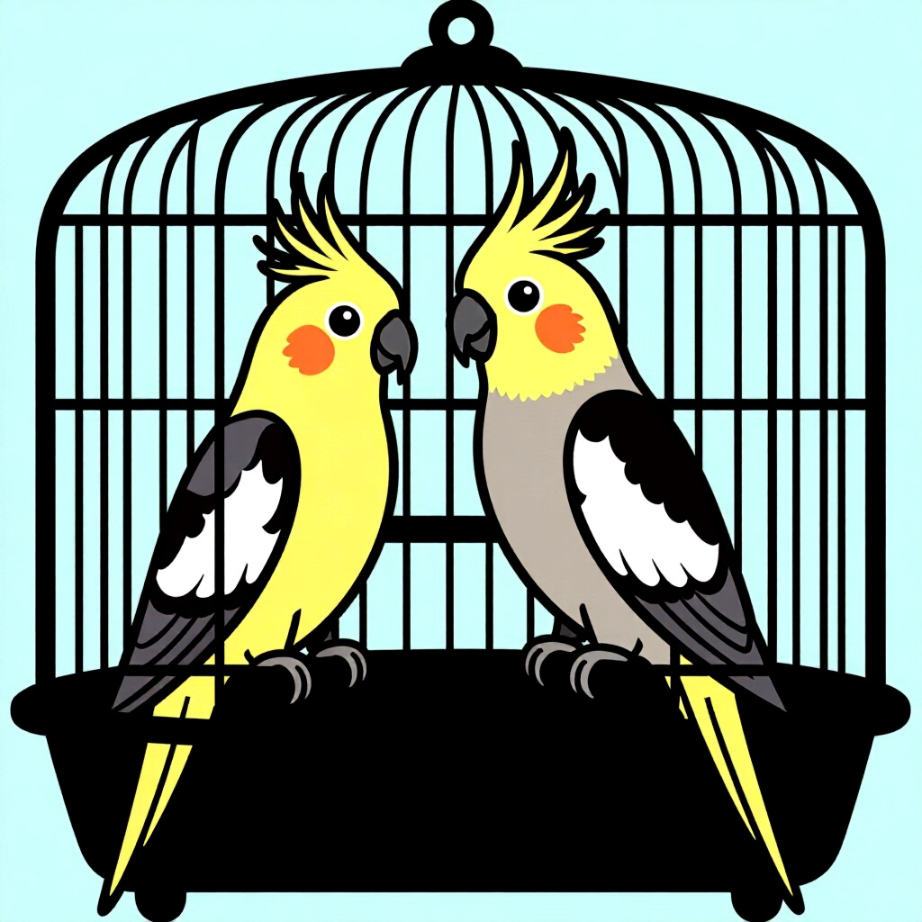 AI generated cockatiel: picture about bird care. picture style: comic introduction cockatiel choosing ideal cage, high quali