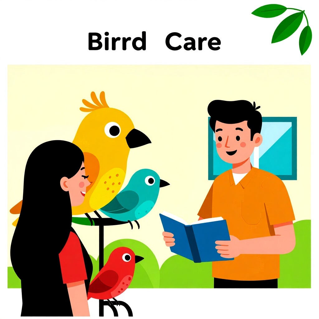 AI generated image: picture about bird care. picture style: comic introduction owners managing work hours, high quality,