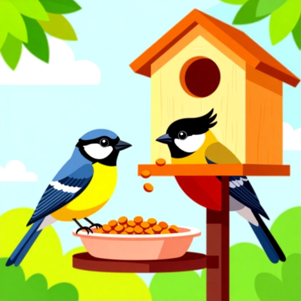 AI generated image: picture about bird care. picture style: comic budgetfriendly feeding building s m, high quality, det