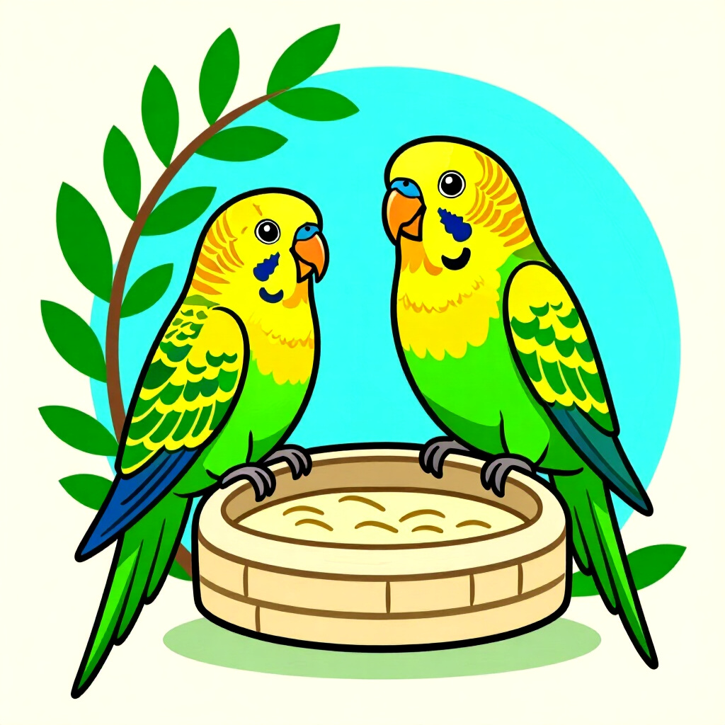 AI generated image: picture about bird care. picture style: comic introduction creating local parakeet, high quality, de
