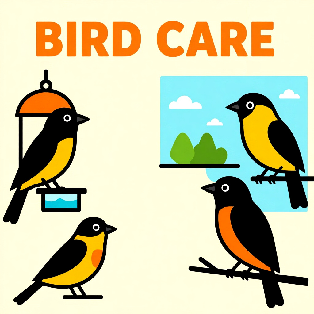 AI generated image: picture about bird care. picture style: comic complete guide seasonal s m, high quality, detailed