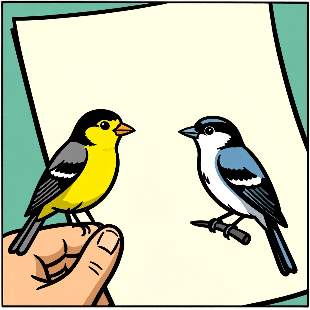 AI生成画像: 鳥の世話に関する画像。画像スタイル: 推測を食物日記の使用に変えるコミック風、高品質、