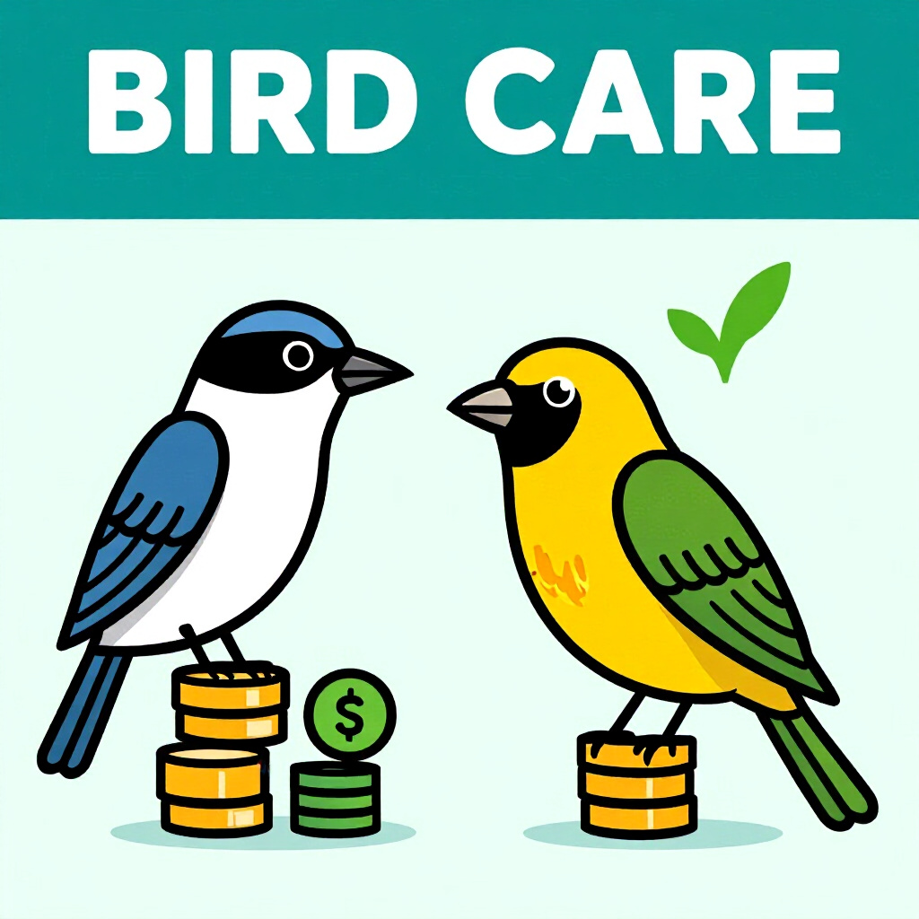 AI generated画像: 鳥の飼育に関する画像。画像スタイル: 漫画 導入 コスト比較 予算編成, 高品質,