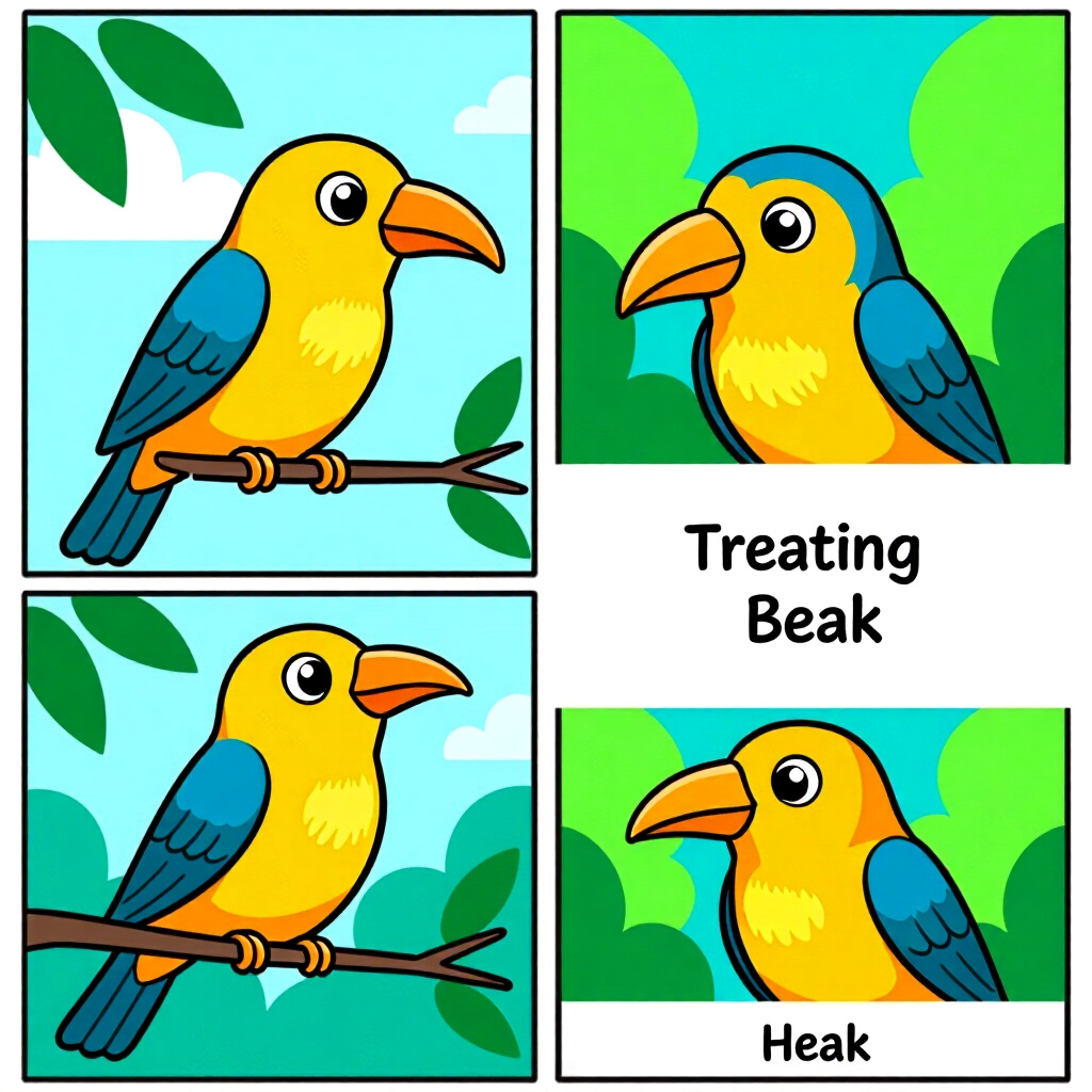 AI generated image: picture about bird care. picture style: comic introduction identifying treating beak, high quality,