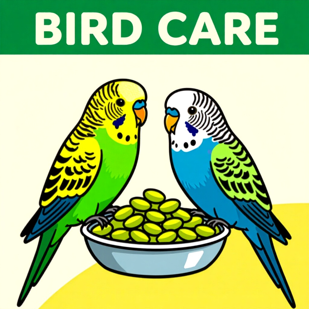 AI生成画像:鳥のケアに関する絵。絵のスタイル:コミックの種子がバランスの取れたセキセイインコの栄養と高品質を提供