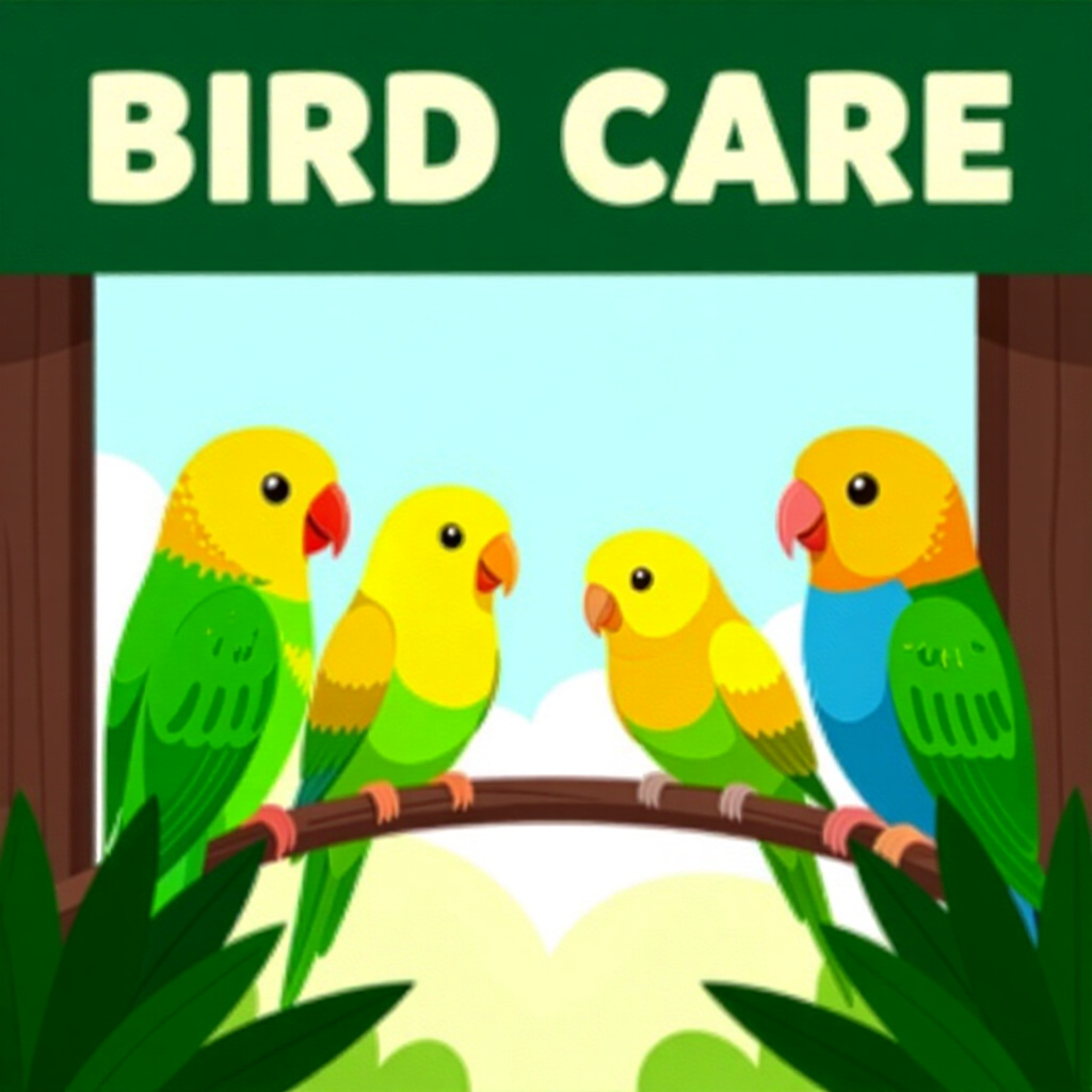 AI generated birds: picture about bird care. picture style: comic introduction birds socializing multiple grassparakeets