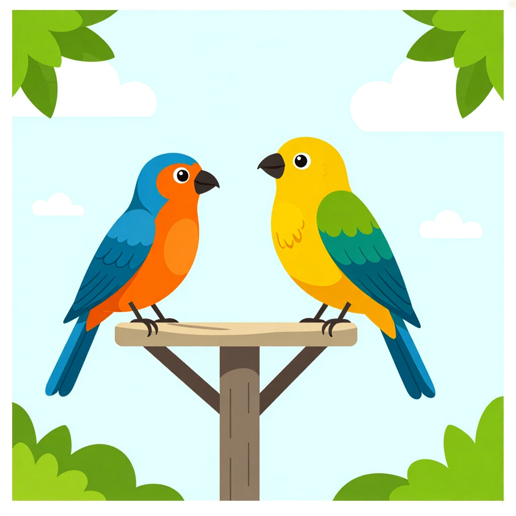 AI生成画像: 鳥の飼育に関する絵。絵のスタイル: コミック風導入、最適な止まり木の配置、高品質、詳細
