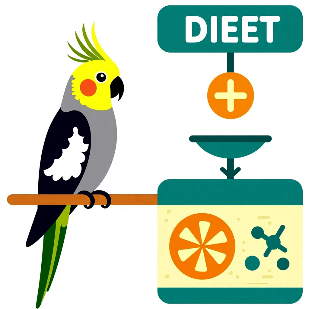AI generated cockatiel: picture about bird care. picture style: comic introduction cockatiel diet masterplan balancing, high
