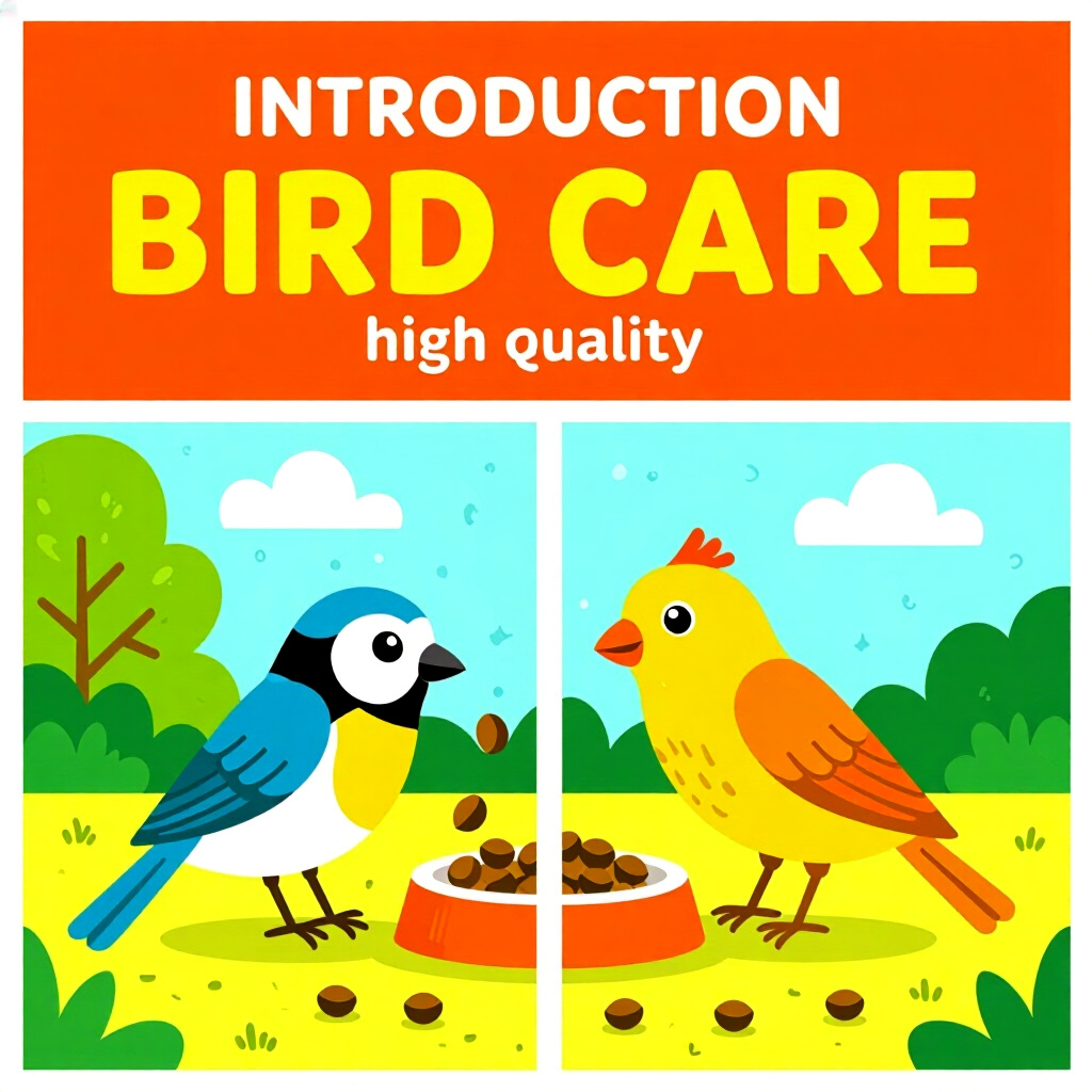 AI generated image: picture about bird care. picture style: comic introduction designing daily feeding, high quality, de
