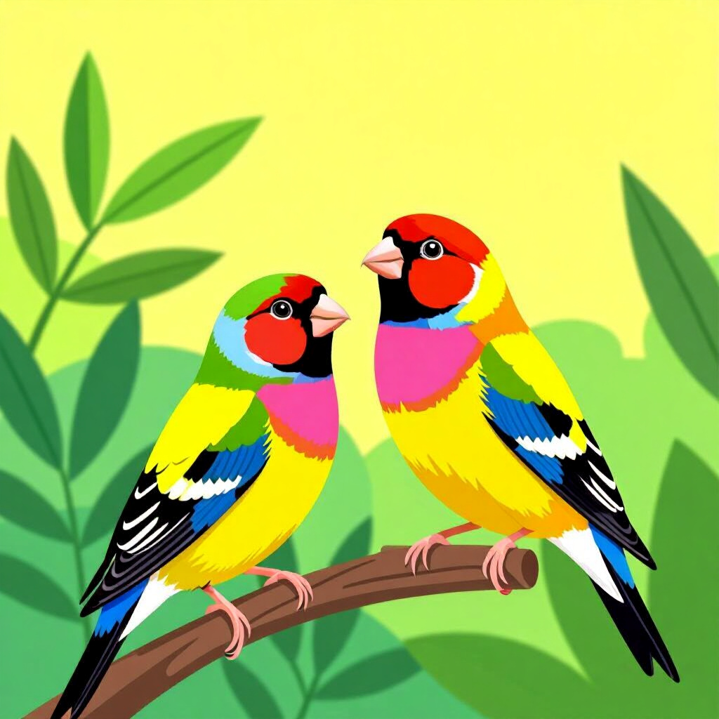 AIが生成したフィンチ:鳥の世話についての絵。絵のスタイル:コミックサンプルサイズでフィンチがゴウルディアンカラーをマスターしている様子、高解像度