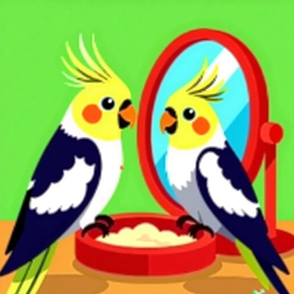 AI generated cockatiel: picture about bird care. picture style: comic cockatiel interactive mirror play s m, high quality, d