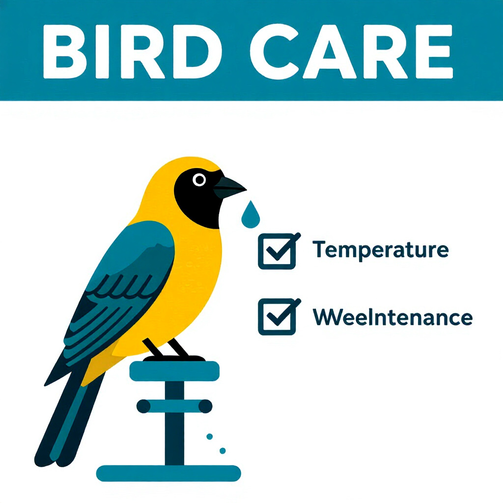 AI generated image: picture about bird care. picture style: comic temperaturebased disinfection weekly maintenance check