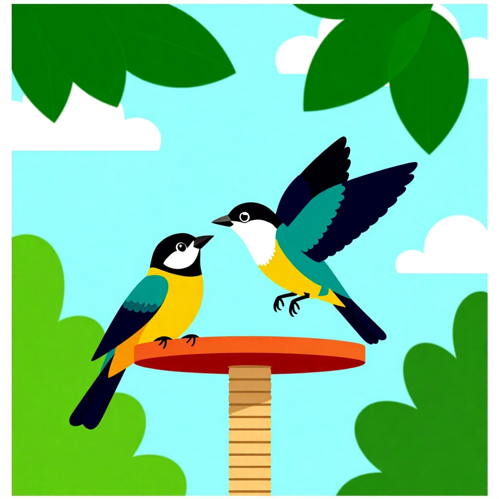 AI generated画像:鳥のお世話に関する絵。絵のスタイル:漫画 導入 止まり木の安定性テスト、高品質、詳細