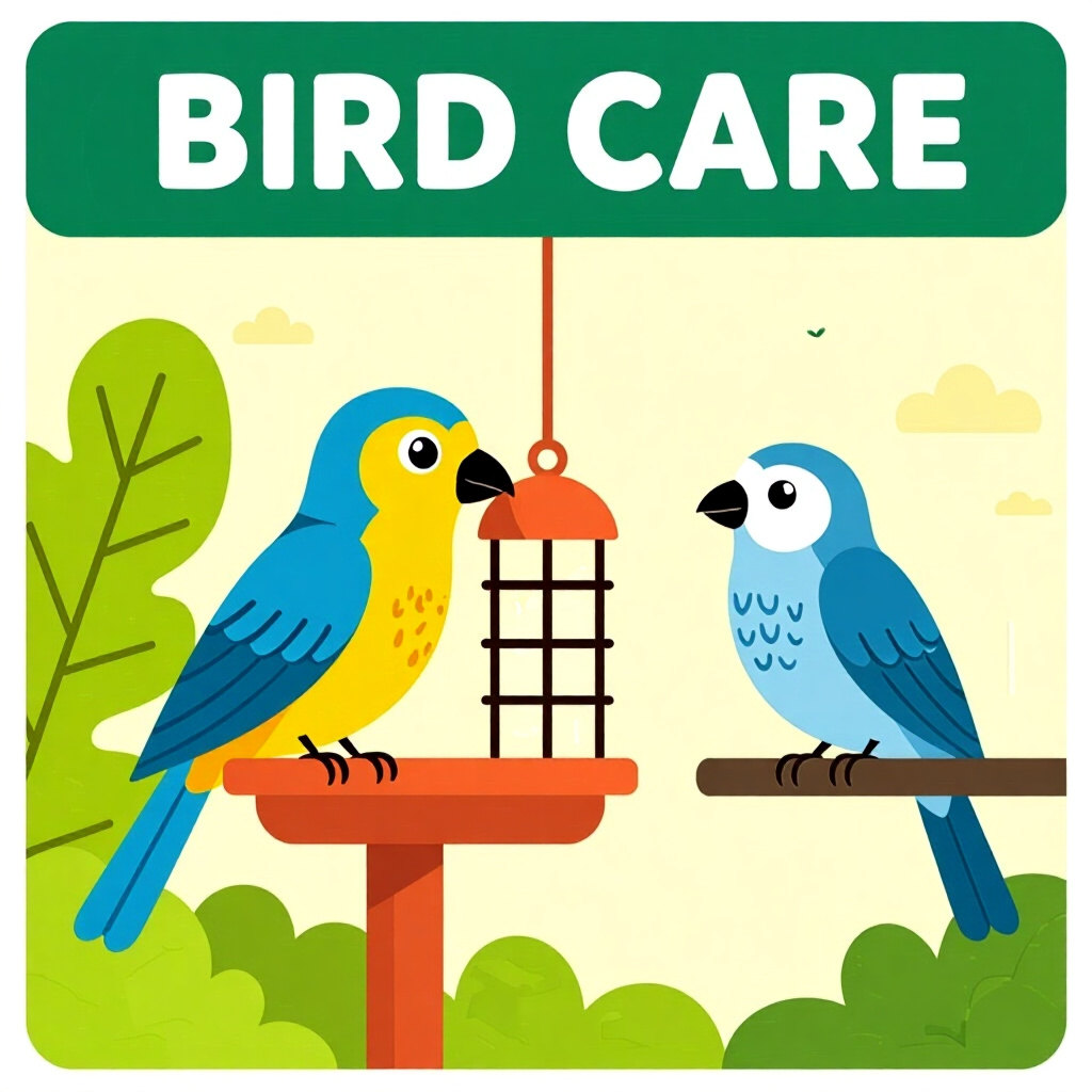 AI generated image: picture about bird care. picture style: comic introduction environmental enrichment blueprint, high